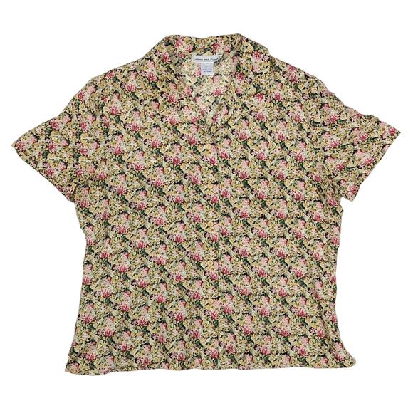Vintage Tops - Vintage Floral Silk Short Sleeve Button-Up